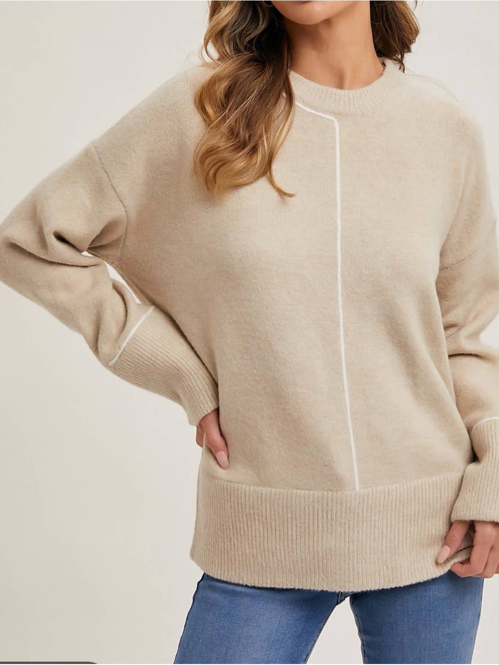 Zara Cream Crewneck Sweater with Contrasting Seam